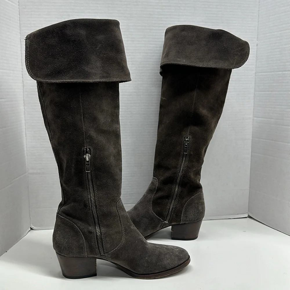 Frye Clara Boots Tall Over the Knee High Heeled Boot Shoes Suede Gray Size 7